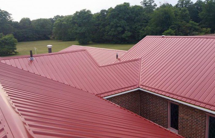 a red metal roof with a red metal roof